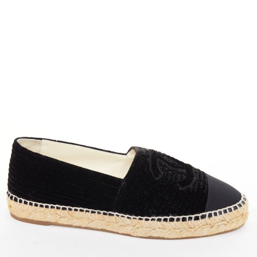 CHANEL black velvet grosgrain CC logo cap toe slip on flat espadrilles EU39